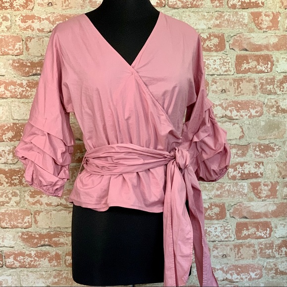 iris Tops - Iris Ruffle Sleeve Faux Wrap Tie Waist Blouse